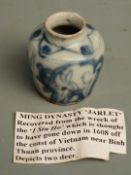 15thC Chinese miniature vase recovered from the wreck of the I Sin Ho, 5cm tall.