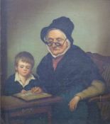 Old master style oil on canvas of a lady teaching a young boy to read, 19 x 15cm