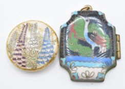 Japanese Satsuma ceramic button and a cloisonné locket depicting a stork