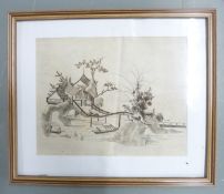 Seven Japanese etchings of garden scenes, each 18 x 24cm