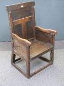 Antique oak panel chair with peg joints, H102cm
