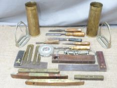 Vintage tools including brass inlaid woodcarving chisels, stirrups, bit, WW1 shell cases etc