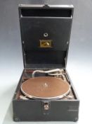 His Master's Voice 1930s portable wind-up gramophone, in black Rexine finish