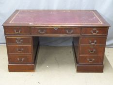 Leather inset mahogany twin pedestal desk, W152 x D96 x H82cm