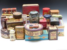 Large quantity of collectable tins including Sharpe's Toffee, Avon tin rule, Weetabix, Jackson's