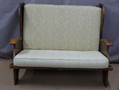 19thC oak peg jointed oak or elm settle with modern upholstery, W137 x D70 x H100cm