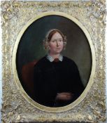 Victorian oil on canvas laid on board of a half bust lady with lace collar, 72 x 62cm, in ornate
