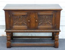 Carved oak two door cabinet/small sideboard, W107 x H78 x D45cm