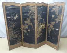 A 19th/20thC Chinese four sold screen with gold thread embroidered and stumpwork decoration of