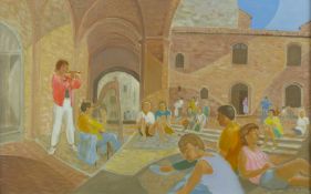 Oliver Heywood (1920-1992) oil on canvas musicians in a square with audience, San Gimignano,