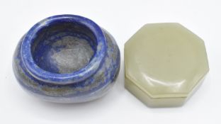 A lapis lazuli carved pot (4 x 4.5cm) and a jadeite lidded octagonal pot, 2 x 5.2cm