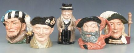 Five Royal Doulton large character and Toby jugs including Winston Churchill and Monty, tallest
