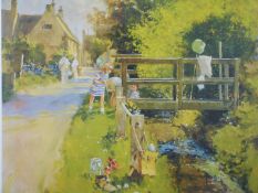 Pair of John Haskins signed limited edition (38/100) prints of children fishing / village scene,