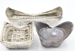 Three large silver coloured Chinese trade tokens, largest 20 x 4 x 5cm
