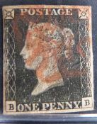 Great Britain 1840 1d black stamps x 2, both four margin EB & BB