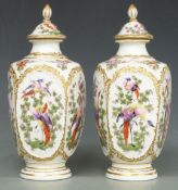 A pair of 19thC covered pedestal vases decorated with Birds of Paradise in the Chelsea style, gold