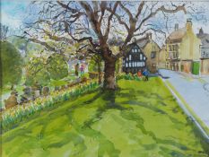 Freda Marston black and white engraving of a riverside cathedral, pencil drawing of a village signed