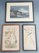 Six Chinese watercolours of birds and a Japanese embroidery of Mount Fuji, largest 17.5 x 25cm