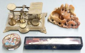 Chinese soapstone carving, cloisonné box, embroidered fan and postal scales with Avery weights