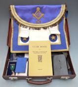 Masonic apron, jewels and ephemera, including 9ct gold example (4.5g all in) and hallmarked silver