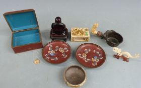 A collection of Oriental items including cloisonné, amber Buddha, Chinese bronze vessel with ivory