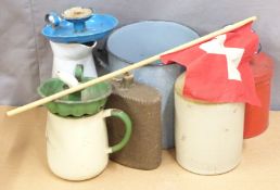 Collection of retro enamel ware, Pym & Sons, Belper stoneware flagon, military water bottle etc,