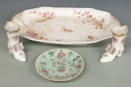 A pair of Dresden porcelain boot vases/ spill holders, H14cm with a large Limoges shallow dish