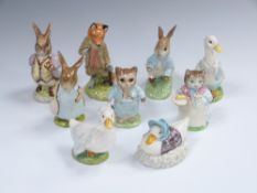 Nine Beswick Beatrix Potter figures including Flopsy Bunny, Benjamin Bunny, Mr Tod, Mrs Ribby, Tom