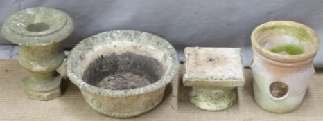 Carved natural stone urn, pedestal, planter and a terracotta strawberry pot