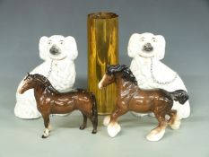 Beswick Cantering Shire and Welsh Cob, fireside spaniels, tallest 29cm, and a 1941 brass shell case