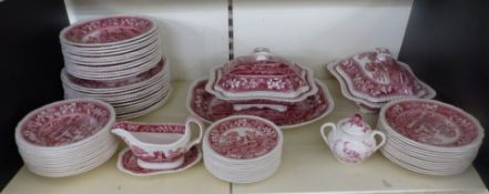 Spode Tower pattern 12 place setting dinner service with two covered tureens, gravy boat, meat plate