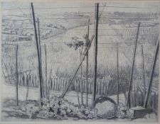 Signed German etching of a hop picking scene, script to margin indistinct, Spalter Hopfen and Shaft,