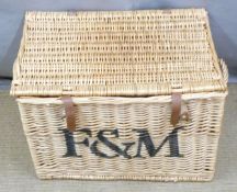 Fortnum & Mason branded wicker picnic hamper with leather hinges, W56 x D40 x H38cm