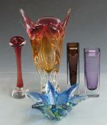 Five pieces of decorative glassware including a large Murano style Chribska Glass Studio vase,
