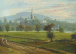 G Willis Pryce oil on board church in pastoral setting with hills beyond, signed to lower edge, 26 x