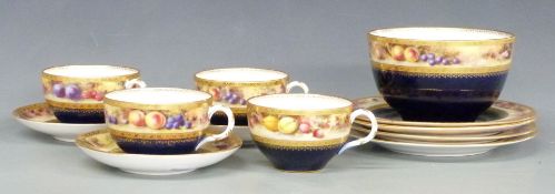 Royal Worcester Painted Fruit cups, saucers, underplates and bowl, various signatures including