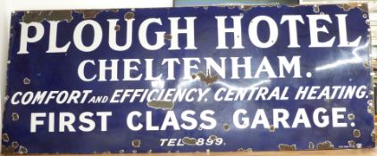 Large vintage enamel sign for The Plough Hotel, Cheltenham 'Comfort and Efficiency, Central Heating,