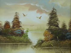 Acrylic on canvas of birds flying over a river or lake, 19 x 25cm, together with another similar