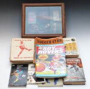 Football books, ephemera and glazed display, includes 1960s Soccer Star, 1966 World Cup book etc