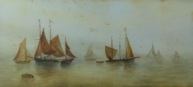Watercolour of sailing boats on a misty morning, monogramed LG and dated 1921 lower right, 24 x 53cm