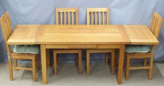 Contemporary light oak extendable dining table and four chairs, extended W220 x D88 x H75cm