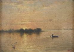J P Gangooly (Indian 1876-1953) oil on canvas 'Sunset on the Ganges', signed and dated 1900 lower