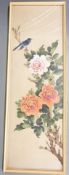 Two Chinese pictures on silk of birds and peonies, largest 60 x 20cm