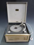 Dansette portable record player in blue and grey Rexine finish with Monarch turntable, W39 x D43 x