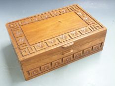 Three Chinese carved elm stationery / work boxes with fitted interiors, largest W47 x D25 x H20cm