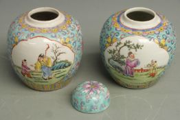 A pair of Chinese ginger jars decorated with figural scenes, largest H15cm
