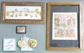 Three Persian mother of pearl brooches with painted scenes and two inlaid frames, largest 32 x 23cm