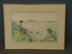 Eastern School watercolour on board boats at anchor in a bay, possibly Hong Kong, indistinctly