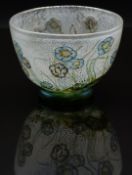 Isle of Wight footed glass bowl with iridescent flower decoration over a pearl ground, 9.5cm in