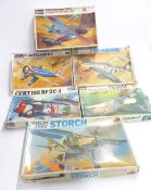 Six Hasegawa 1:32 scale model aeroplane kits including Curtiss BF 2C-1, Mitsubishi Type-Zero Zeke,